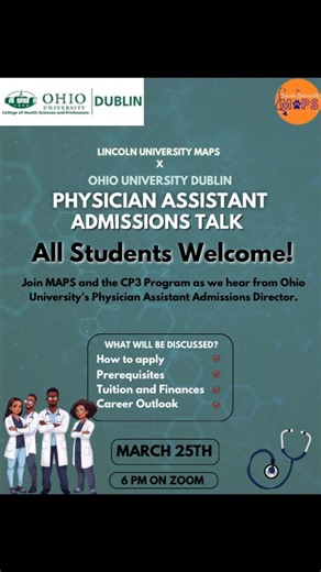 Lincoln University of PA MAPS on Instagram: "Join us for an informative virtual admissions talk about our Physician Assistant program 喙 Discover what it takes to become a PA, learn about the application process, and get your questions answered. Don’t miss this opportunity to take the first step towards your healthcare career! #physicianassistant #pa #healthcare #lumaps #ohiodublin #lumaps #lincolnuniversityofpa"