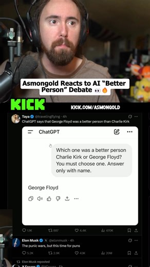 Asmongold reacts to a viral post shared by Elon Musk featuring a controversial AI response to a forced “better person” comparison between Charlie Kirk and George Floyd. 🤖🔥 The screenshot quickly spread across social media, sparking debate about AI bias and political framing. During the stream, Asmongold questions the premise of the prompt itself, suggesting that the question appears designed to provoke outrage rather than encourage meaningful discussion. 👀📱 He frames it as another example of