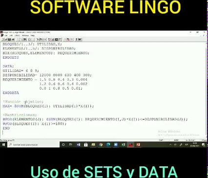 Software LINGO. Utilización del SETS y DATA