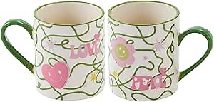 Cute Ceramic Coffee Mugs with Peace and Love Design, Hand-Painted Inspirational Gift for Women, Girls, Friends, Aesthetic Tea & Milk Cup for Office, Latte, Cocoa, Birthday Gifts,Christmas Gift, 14oz