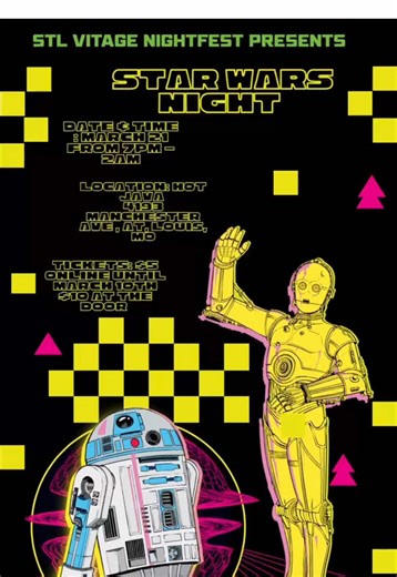 Who else will be at the @VINTAGE NIGHTFEST / STL Vintage Nightfest at @JAVA / Hot Java Bar! I hope to see you guys March 21st starting at 7 PM! Live band, DJs, vendors, Super Smash Bros Ultimate tournament, VIP tables available, @Star Wars / Star Wars atmosphere with the movies projected, special guests, food, drinks, hookah, and more! A few vendor spots are still available! Get tickets here: https://www.eventbrite.com/e/stl-vintage-nightfest-star-wars-tickets-1984182257545? #stlevents #stlthing