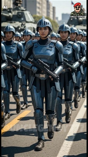 Futuristic Parade of Gorgeous Soldiers in Iron Blue Combat Armor
