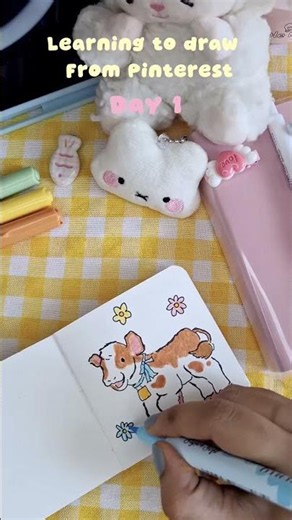 Day 1 ✨ Learning to draw from Pinterest | Cute cow Doodle 🐮