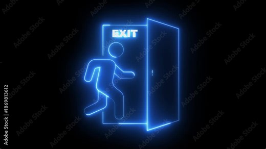 glowing neon emergency exit icon animation on black background. running human and open door. exit text emergency exit symbol. Emergency exit sign with man running at the door. 4k video animation.