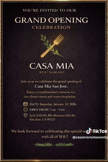 ✨ Grand Opening TOMORROW! ✨ Casa Mia opens this Saturday, Jan 10th 🥂 Come enjoy amazing food, good vibes & FREE mimosas! 🕖7:00 a.m. - 9:00 p.m. 📍 856 Blossom Hill Rd, San Jose, CA #CasaMia #GrandOpening #SanJoseEats #FreeMimosas #BreakfastVibes