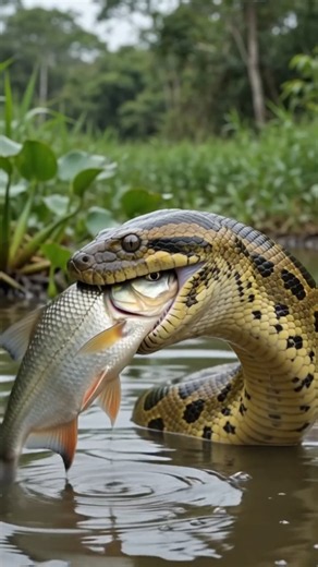 A Yellow anaconda catches fish#anaconda#yellow