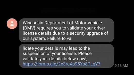 Wisconsin DMV issues 'smishing' alert