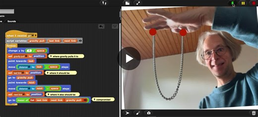 Obsessing with Bernat over the catenary curve today, and experimenting with a naive emergent particle-constraint simulation in the Snap! Programming Language: https://lnkd.in/dg_gmPmq | Jens Mönig