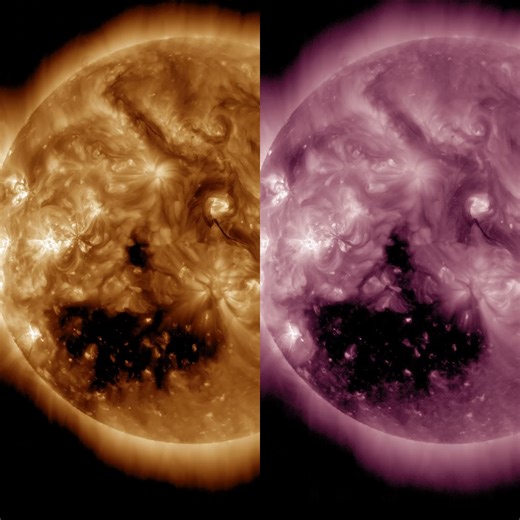 ☀️ 𝗤𝘂𝗶𝗲𝘁 𝗦𝘂𝗻 𝗗𝗮𝘆—𝗯𝘂𝘁 𝗻𝗼𝘁 𝗳𝗼𝗿 𝗹𝗼𝗻𝗴! 🌞 Solar activity has eased down to low levels with just four small C-class flares today. But stay alert! A giant coronal hole in the Sun’s southern hemisphere is turning towards Earth, ready to send a rush of fast solar wind our way. 🌬️✨ Expect geomagnetic storms (G1–G2, minor to moderate) over the next two days, which could mean dazzling auroras lighting up high-latitude skies! 🌌💚 Stay updated 👉 [https://bit.ly/3GevOiF #SolarStorm 
