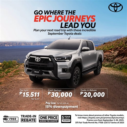 Gear up for every journey! Drive home the Toyota Hilux with up to P108,000 savings, plus Free PMS, Free Insurance, Trade-in Rebate, and a 5-year Warranty. Learn more at https://toyota.com.ph/promos/EpicJourneys or visit your nearest Toyota dealership today. | Toyota Motor Philippines