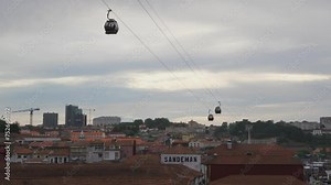 City of Porto and cable car in Vila Nova de Gaia in Portugal. Ropewalk in tourist center in old town of Oporto, Portuguese in summer. Aerial cableway. Funicular road.