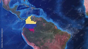 Colombia: Realistic 3D Animation of Earth zooming into North American Country Colombia with its borders highlighted with its National Flag in 4K
