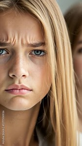 Navigating Adolescent Emotions: A young girl with striking blue eyes and long blonde hair displays a look of concern and slight frustration. Capturing an emotional moment of youthful expression. vídeo de Stock