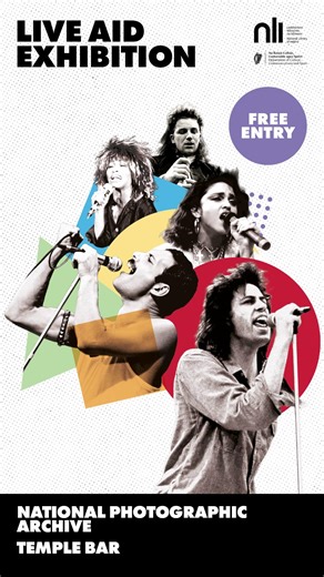 🎶 Visit our new Live Aid Exhibition in the National Photographic Archive in Temple Bar. 🕙 Open every day, 10am–4pm. In this exhibition, more than seventy photographs and images have been carefully curated from the Band Aid Trust Archive, generously donated to the National Library of Ireland (NLI) in 2017. Through a series of striking displays, the exhibition brings audiences on a visual journey of the Live Aid concerts, capturing the behind-the-scenes preparations, atmosphere and iconic perfor