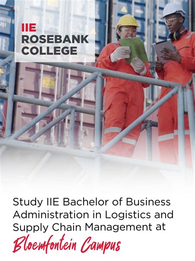 2026 Registrations Are Still Open | Take the next step toward a dynamic career in operations and global trade with the IIE Bachelor of Business Administration in Logistics and Supply Chain Management at IIE Rosebank College, Bloemfontein Campus. If you are interested in transportation, procurement, warehousing, and supply chain strategy, this IIE qualification will equip you with the practical skills and business knowledge needed to succeed in a fast-paced industry. Apply and register today by v