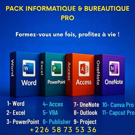 🚨 Aujourd’hui, ne pas maîtriser l’informatique ou la bureautique, ce n’est plus un simple retard… ❌ C’est rater des emplois ❌ Des promotions ❌ Des contrats ❌ Et parfois même le respect professionnel 👉 C’est exactement pour ça que nous avons créé le 💻 PACK INFORMATIQUE & BUREAUTIQUE ULTIME. ⏱️ En seulement 7 jours, tu apprends à maîtriser : ✅ Word ✅ Excel ✅ PowerPoint ✅ Outlook ✅ Access ✅ Publisher ✅ OneNote ✅ Project ✅ les bases du VBA 🎓 Des formations vidéo simples, pratiques et orientées r