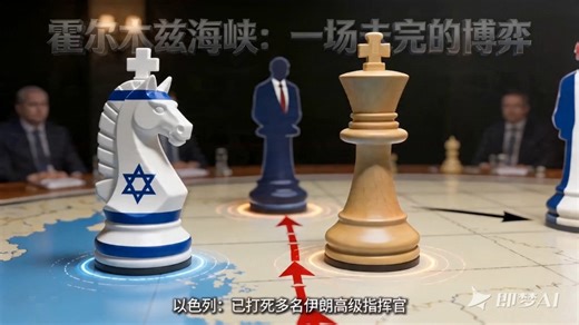 jimeng-2026-03-20-6450-@图片1的场景中，各国代表棋子继续沿霍尔木兹海峡航线移动，每一步棋都对应其新闻立...