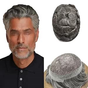 Toupee For Men Hairpiece Swiss Lace Mens Toupee Hair System For Men French Lace Hairpieces For Mens Hair Replacement 7x9 Medium light density #1B60 1B# OFF BLACK+60% GREY