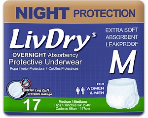 LivDry Overnight Adult Diapers for Women and Men, Max Protection Incontinence Underwear (Medium, 17-Pack)