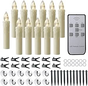 12 PCS Flameless Window Candles - Ivory Battery Operated LED Taper with Remote Updated Timer Function - Christmas Candles Warm White - Perfect for Wedding/Birthday/Party Decor