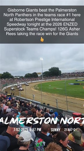 Gisborne Giants beat the Palmerston North Panthers in the teams race #1 here at Robertson Prestige International Speedway tonight at the 2026 ENZED Superstock Teams Champs! 126G Asher Rees taking the race win for the Giants 👍 Giants- 140 points Panthers - 55 points | Teamspeedwaynz