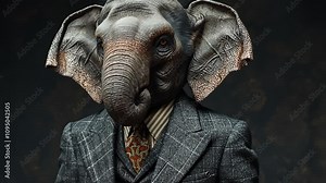 An elephant dressed in a sharp tailored suit stands confidently, showcasing the fusion of wildlife and high fashion.