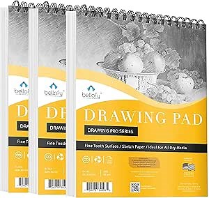 Bellofy 3 x Drawing Paper Pads 9” x 12” | 300 Sheets | 60lbs 85g | Acid Free Sketchbook Paper for Dry Media | Top Spiral Bound Sketchpad for Kids, Beginners, Artists & Professionals
