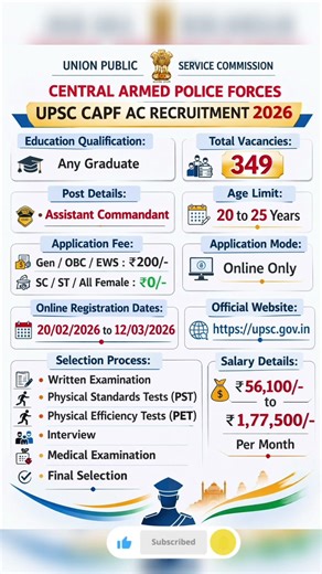 UPSC CAPF AC 2026 🔥 349 Vacancies | Any Graduate Apply | Full Details #shorts
