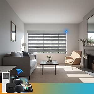 Motorized Zebra Blinds with Remote Light Filtering Automatic Smart Blinds for Windows Electric Dual Layer Horizontal Shades Work with Homekit Customized(Wooden Texture Grey)