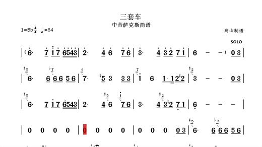 中音萨克斯简谱《三套车》俄罗斯民歌 降B调-高山制谱