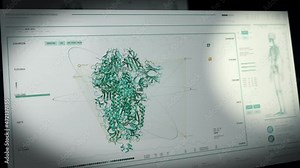 Microscopic analysis of the protein cell at the laboratory. Microscopic analysis of protein macromolecules. Microscopic analysis has detected spike protein structure in the dangerous virus. Research
