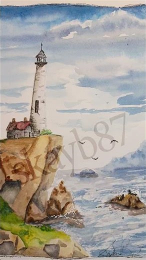 Watercolor lighthouse using QOR & Sennelier paint. #diy #art #watercolor #lighthouse #QOR #Sennelier