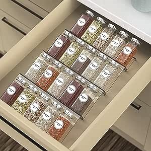 Drawer Spice Organizer, 2 Pack Clear Acrylic Spice Rack Organizer for Drawer with Jars and Labels, 4 Slanted Tier Expandable Drawer Inserts for Spices, for Cabinet