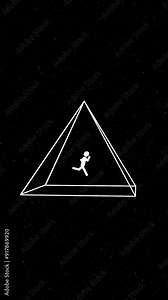 animated guy running trapped inside of a spinning 3d rotating pyramid chasing his dreams 30 second exploding 4k space video 60fps animation screensaver wallpaper isolated on a black background Stock Video