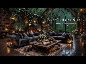 Peaceful Rainy Night in a Cozy Gothic Library 🌧️ Fireplace & Dark Academia Piano for Deep Focus