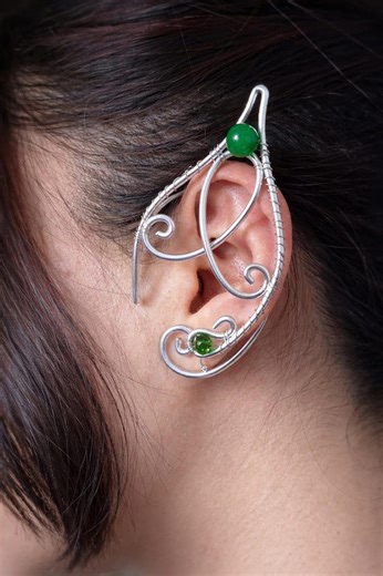 Elven Ear Cuffs with Jade Stone, Fantasy Elf Earrings, Handmade Wire Jewelry, Fairy Style Ear Wrap, Unique Gift for Her