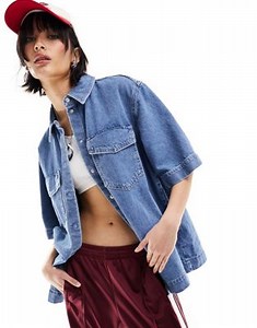 ONLY oversized pocket detail denim shirt in mid blue  | ASOS