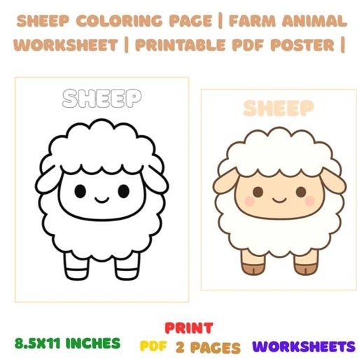 Sheep Coloring Page | Farm Animal Worksheet | Printable PDF Poster | Preschool