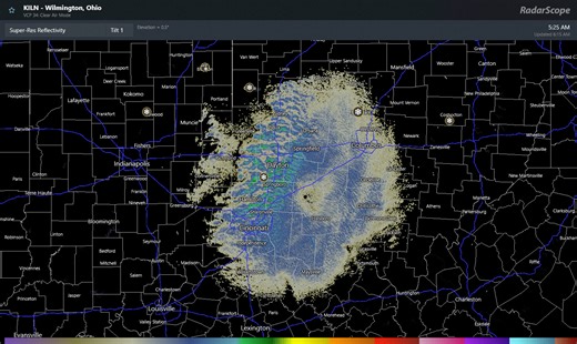 [6:15 AM] Updated radar loop showing snow showers moving through the region. If traveling this morning, be prepared for quick reductions in visibility. | US National Weather Service Wilmington OH