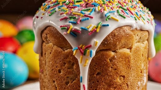 Extreme close-up 4K macro video of kulich Easter bread icing dripping slowly with colorful sugar sprinkles, detailed texture of glaze and soft bread surface, cinematic lighting, shallow depth of field