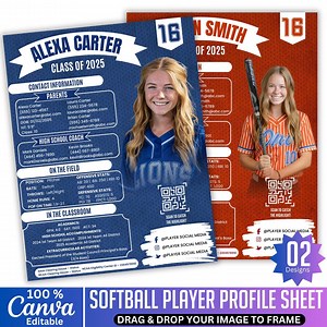 Softball Player Profile Sheet, Sports Recruiting Profile , Athlete Player Profile, Resume for Any Sheet , Canva Template, Digital Download - Etsy