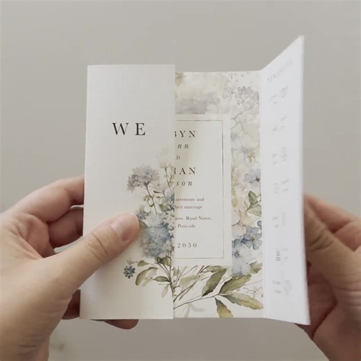 Dusty Blue Floral Gatefold Invitation, Elegant Romantic Wedding Stationery, Personalised Invites