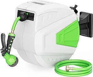 Ayleid Retractable Garden Hose Reel,3/8 in x 66 ft Wall Mounted Hose Reel, with 9- Function Sprayer Nozzle, Any Length Lock/Slow Return System/Wall Mounted/180°Swivel Bracket (White)