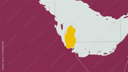 Qatar map. Animated zoom into the country on the Globe in Pale Mint Dark Pink color palette. Country logo animation with round text and airplanes. Map with meridians, parallels. Artistic video.