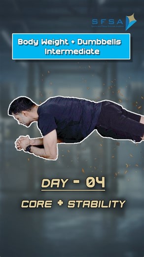 SFSA- Sports and Fitness Sciences Academy on Instagram: "Day 4 – Core + Stability 🔥 A strong core is not just about abs — it’s about balance, control, and injury prevention. This session focuses on strengthening the abs, lower back, and stabiliser muscles, which improves performance in every lift and daily movement. 🏋️‍♂️ Workout: • Plank Hold – 45 sec • Leg Raises – 12 • DB Russian Twists – 20 (10/side) • Bird Dog – 10/side • Dead Bug – 10 🔁 3–4 rounds 🎯 Control 