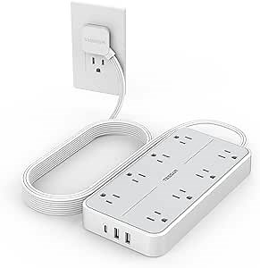 TESSAN Power Strip Surge Protector, 10FT Flat Plug Extension Cord with 8 Outlets 3 USB Charger(1 USB C), 1080 Joules Protection, Wall Mountable Charging Station for Home Office Dorm, Gray