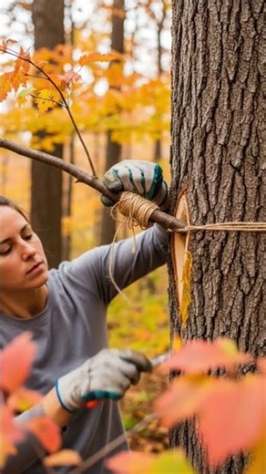 inserted the branch into the cut, binding it gently with twine and sealing the wound with wax#shorts