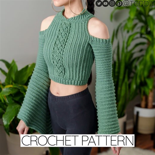 Crochet Cable Stitch Crop Top Pattern: Bell Sleeve Jumper (PDF Download) - Etsy