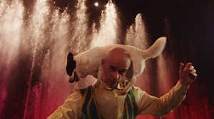 Download Close up view of circus acrobatic act with clown and dog, Moscow, Russia