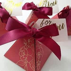 Triangle Wedding Party Favor Candy Box Chocolate Packaging Boxes Baby Shower Birthday Paper Gift Box Bag with Card and Ribbon (Dark red)